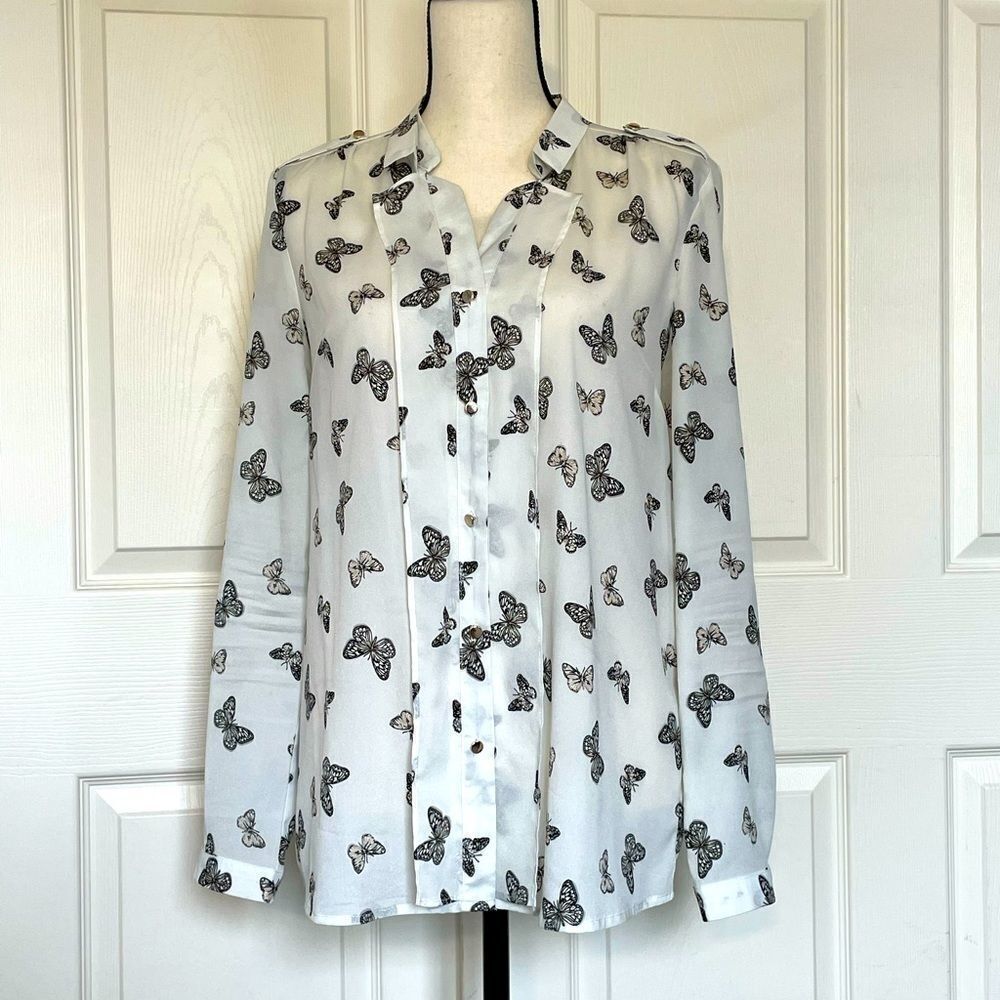 OASĀP Semi-Sheer Button Down Butterfly Blouse, L